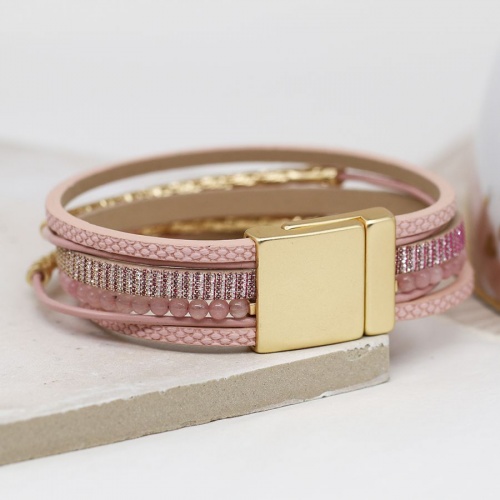 Pink Leather Bracelet with Pink Beads & Golden Bars by Peace of Mind